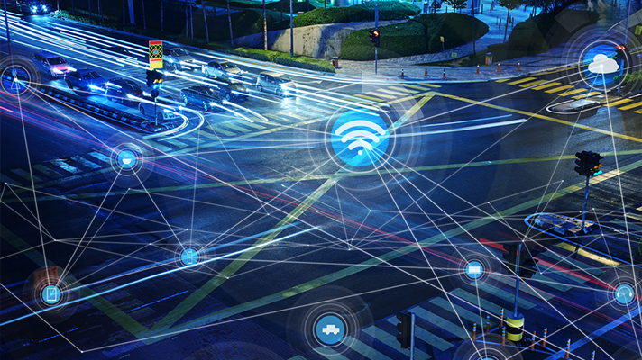 사거리 위 모든 것이 연결되는 커넥티비티를 설명하는 인포그래픽