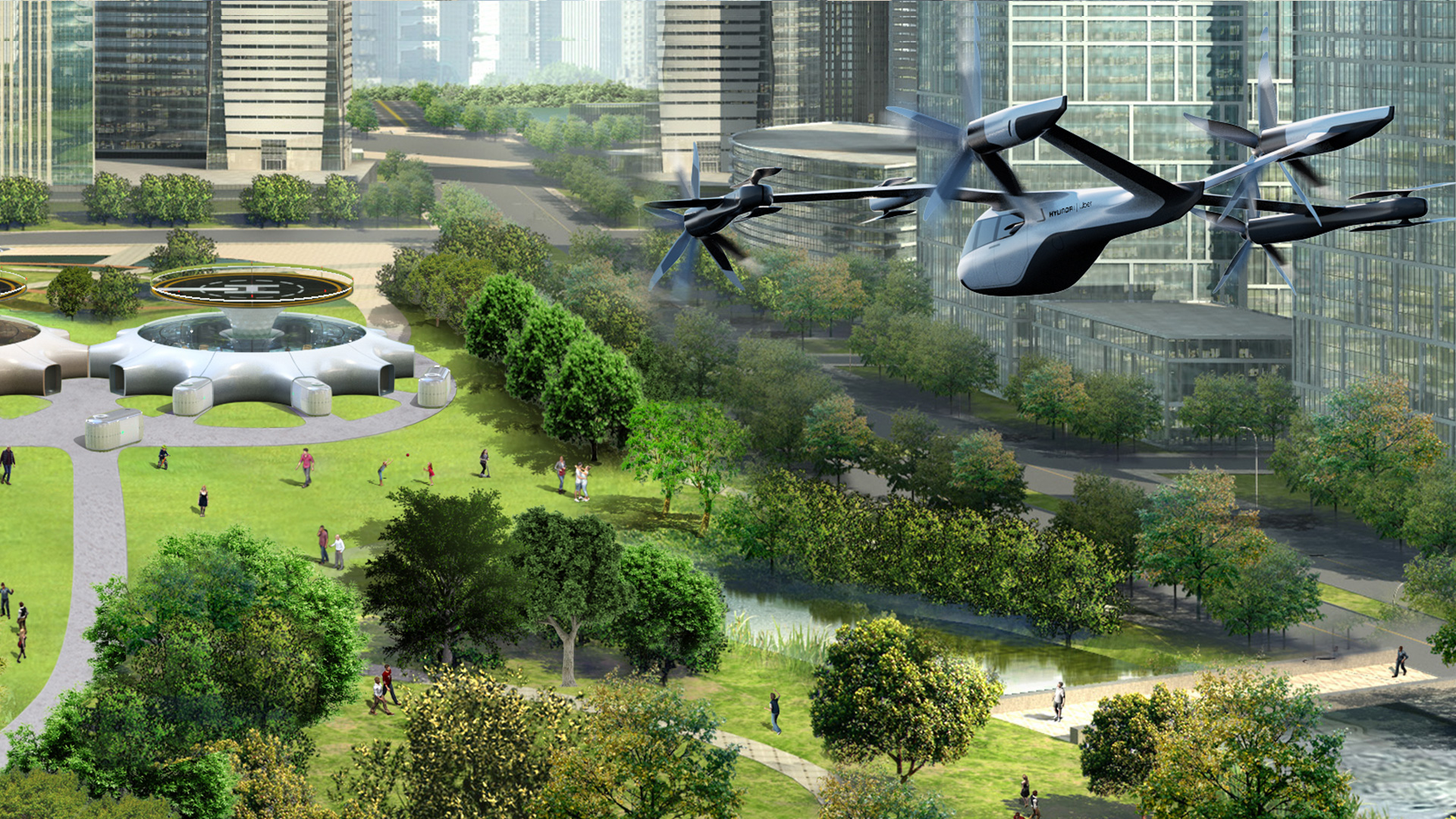 Future city with UAM and Hub