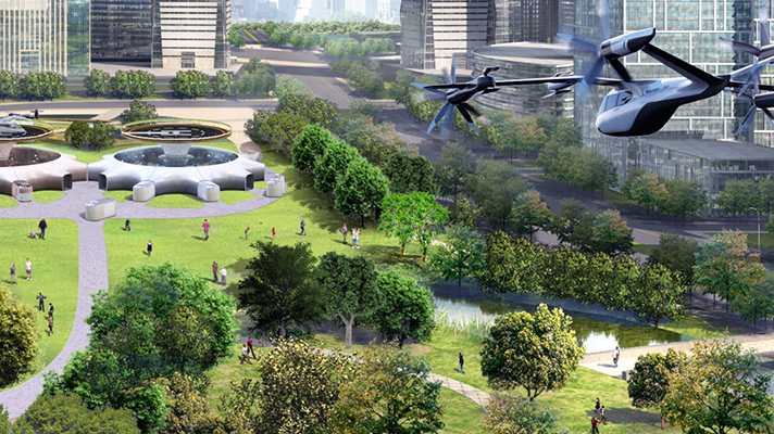Future city with UAM and Hub