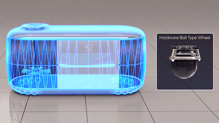 PBV 하드웨어 볼 타입의 휠이 구동되는 모습 옆에 확대된 휠 모슴도 제공됨