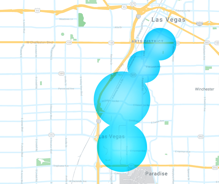 리프트 앱의 경로별 반경이 표시된 그래픽 지도