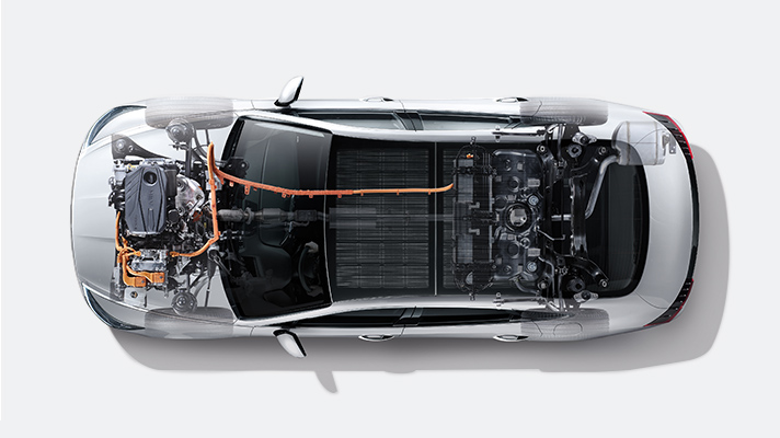 High angle image of vehicle powertrain with x-ray effect