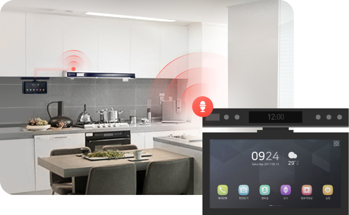 주방의 음성인식 거치대가 통신하는 모습을 형상화한 그래픽