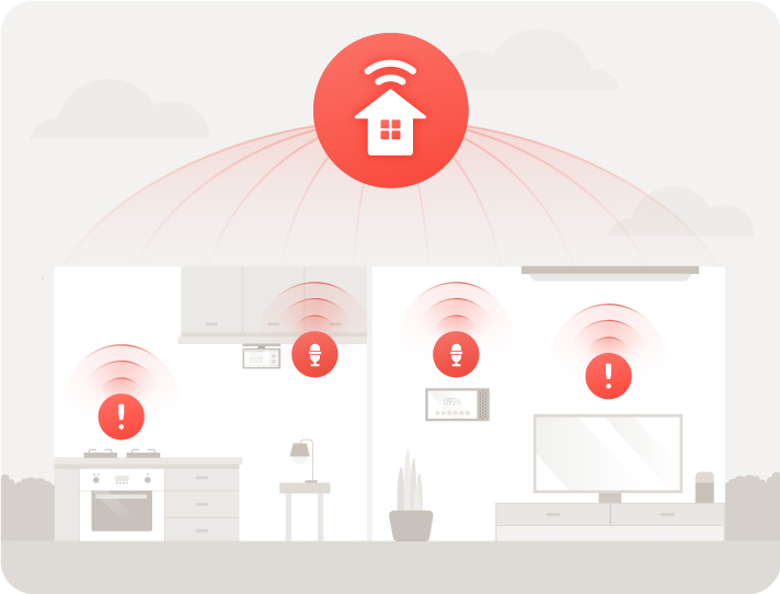 하이오티 시스템을 중심으로 집 안에서 기기간 연동되는 모습을 그린 일러스트
