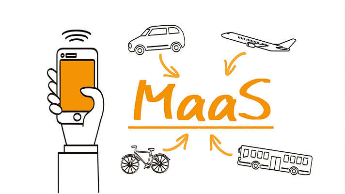 여러가지의 이동 수단과 스마트폰을 연결하는 일러스트. Maas, Mobility as a Service