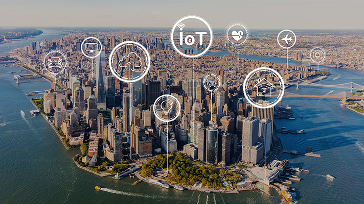 미국 전역에 사물인터넷이 연결되는 아이콘과 배경 모습