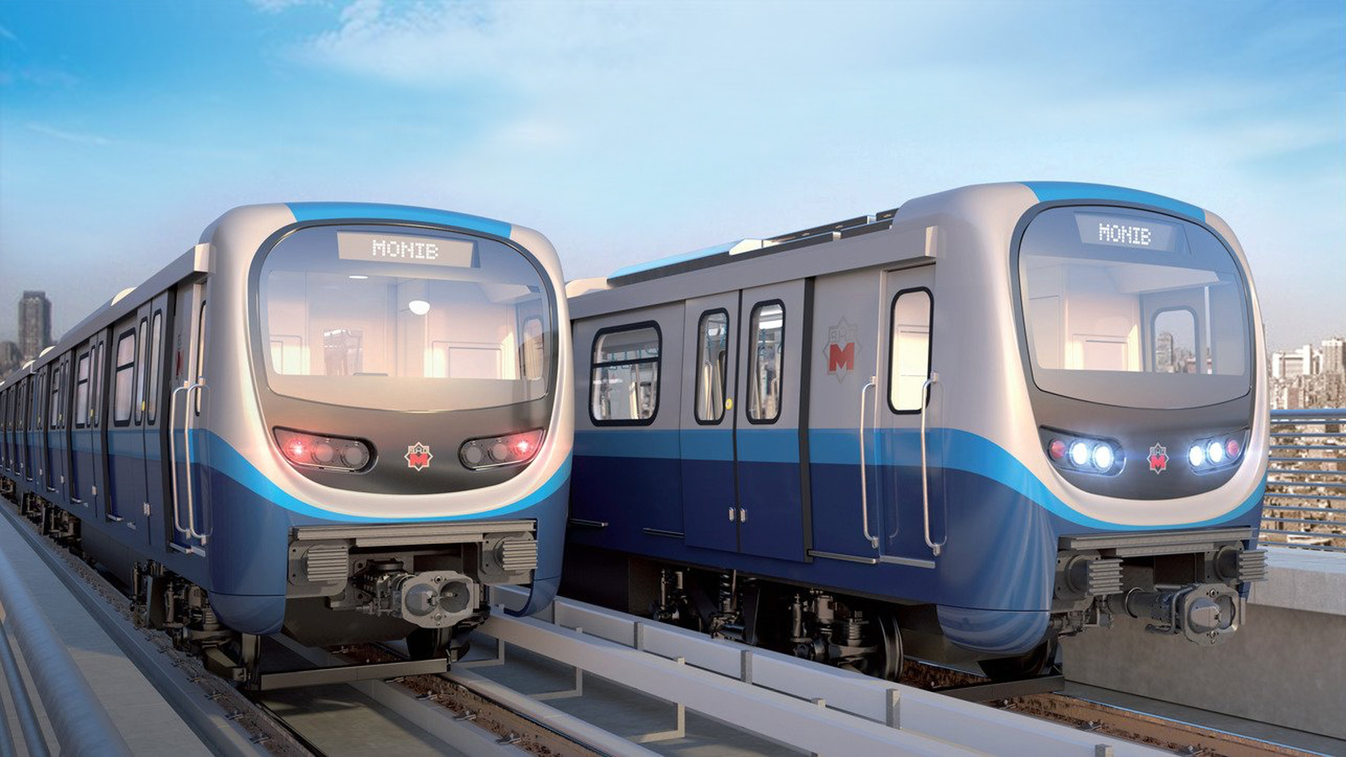 2대의 현대로템의 신형 전동차가 나란히 서 있는 모습