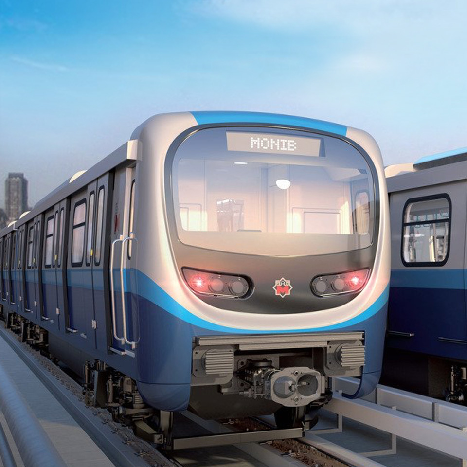 2대의 현대로템의 신형 전동차가 나란히 서 있는 모습