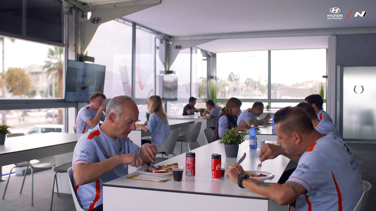 Hyundai Motorsport team crews having meal at a restaurant