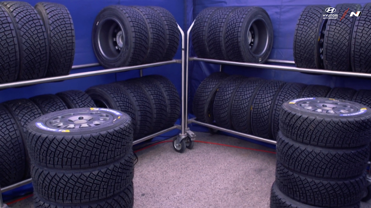 View of piles of spare tires for racing