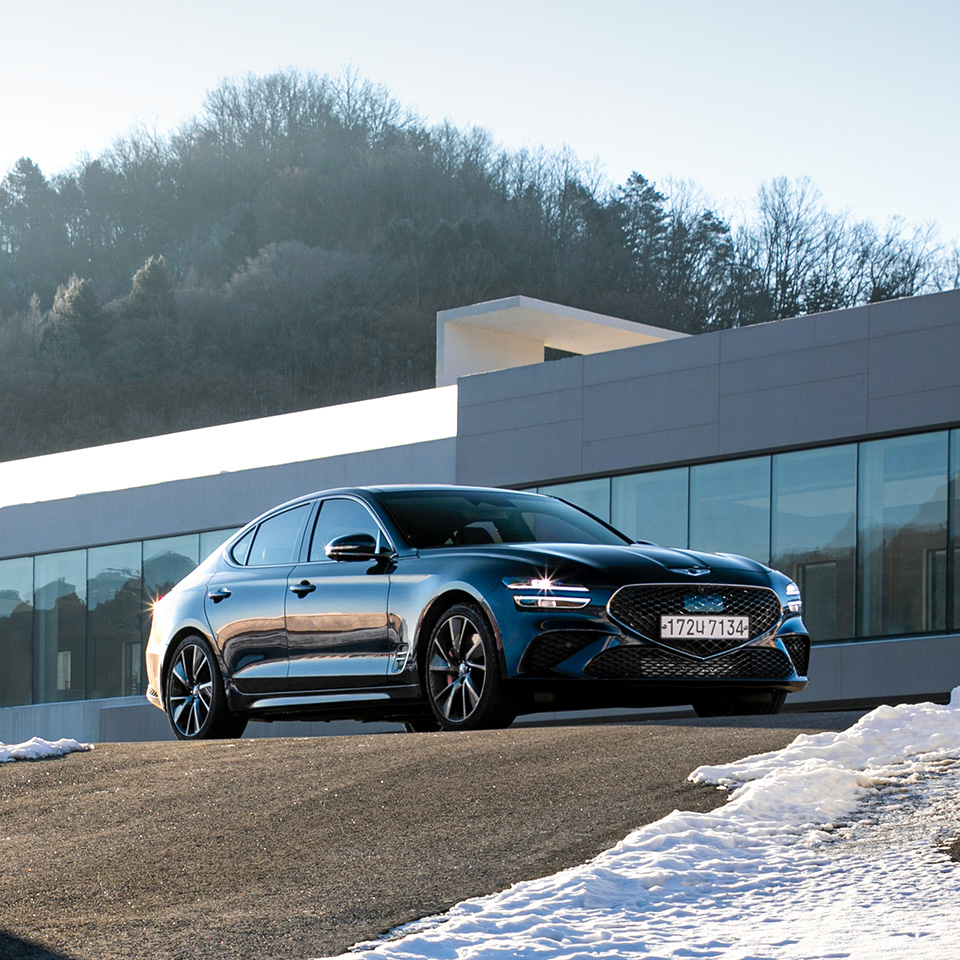 Low Angle view of tasman blue Genesis G70 on hill