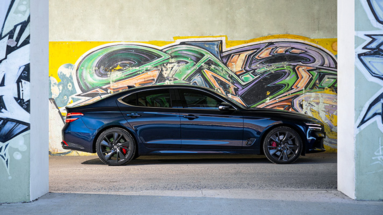 Side view of tasman blue Genesis G70