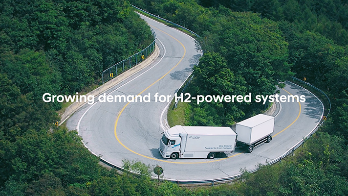 Large hydrogen truck running on a mountain road