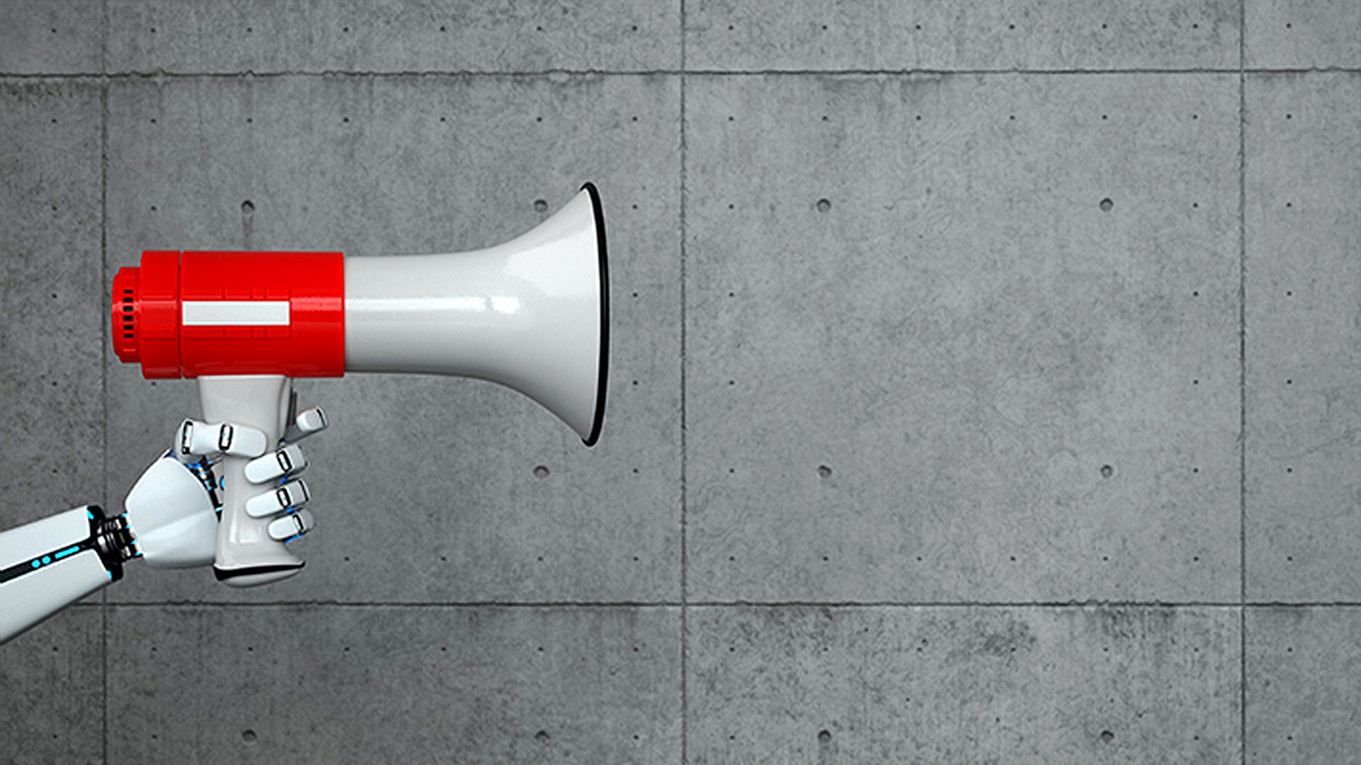 확성기를 들고 있는 하얀색 로봇팔의 모습