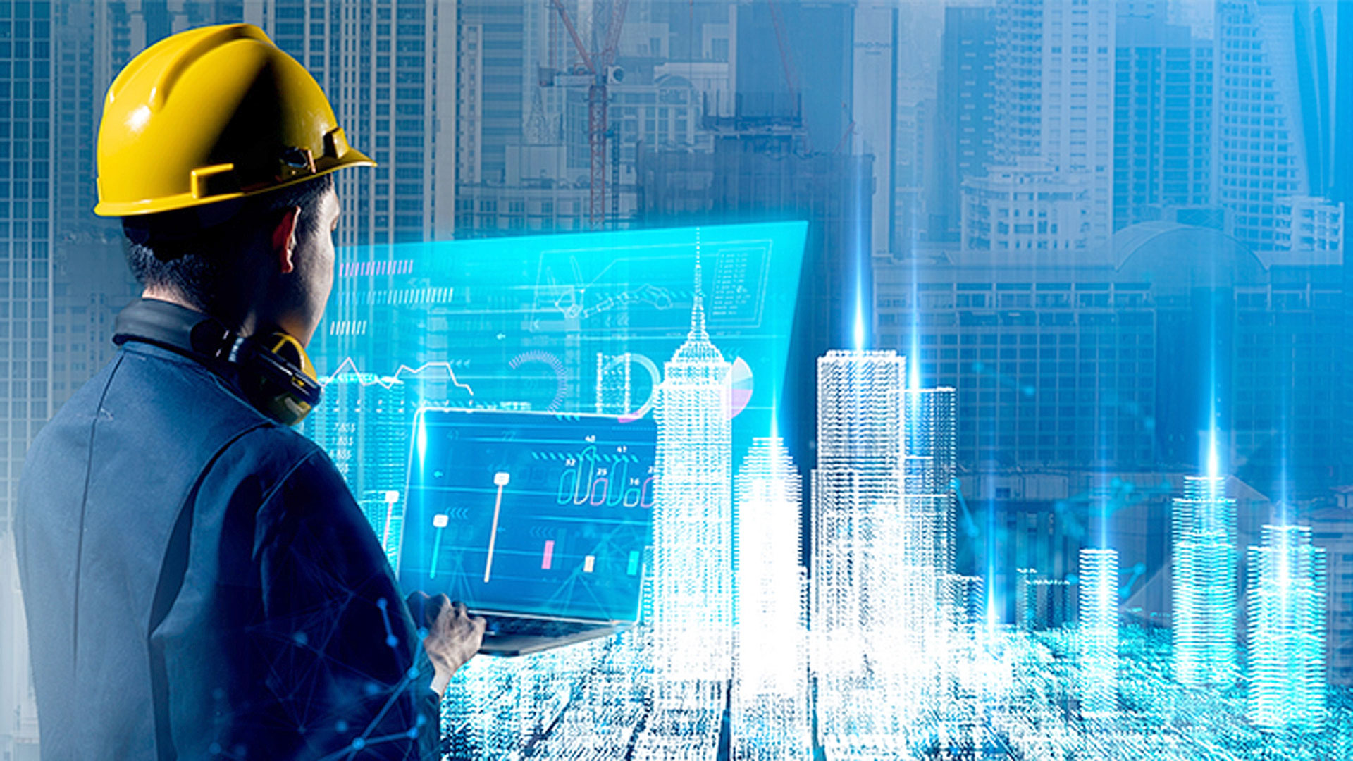 가상 도시를 배경으로 안전모를 쓴 엔지니어가 랩톱으로 데이터를 살펴보는 모습