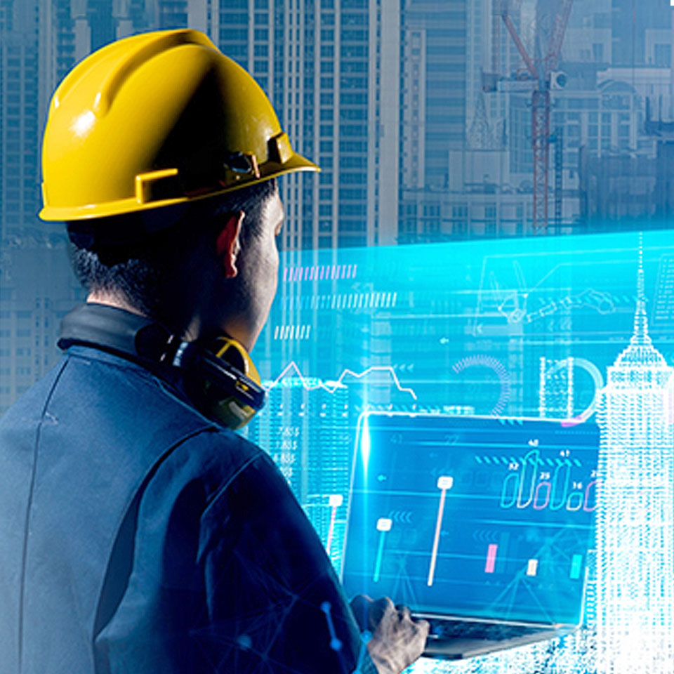 가상 도시를 배경으로 안전모를 쓴 엔지니어가 랩톱으로 데이터를 살펴보는 모습