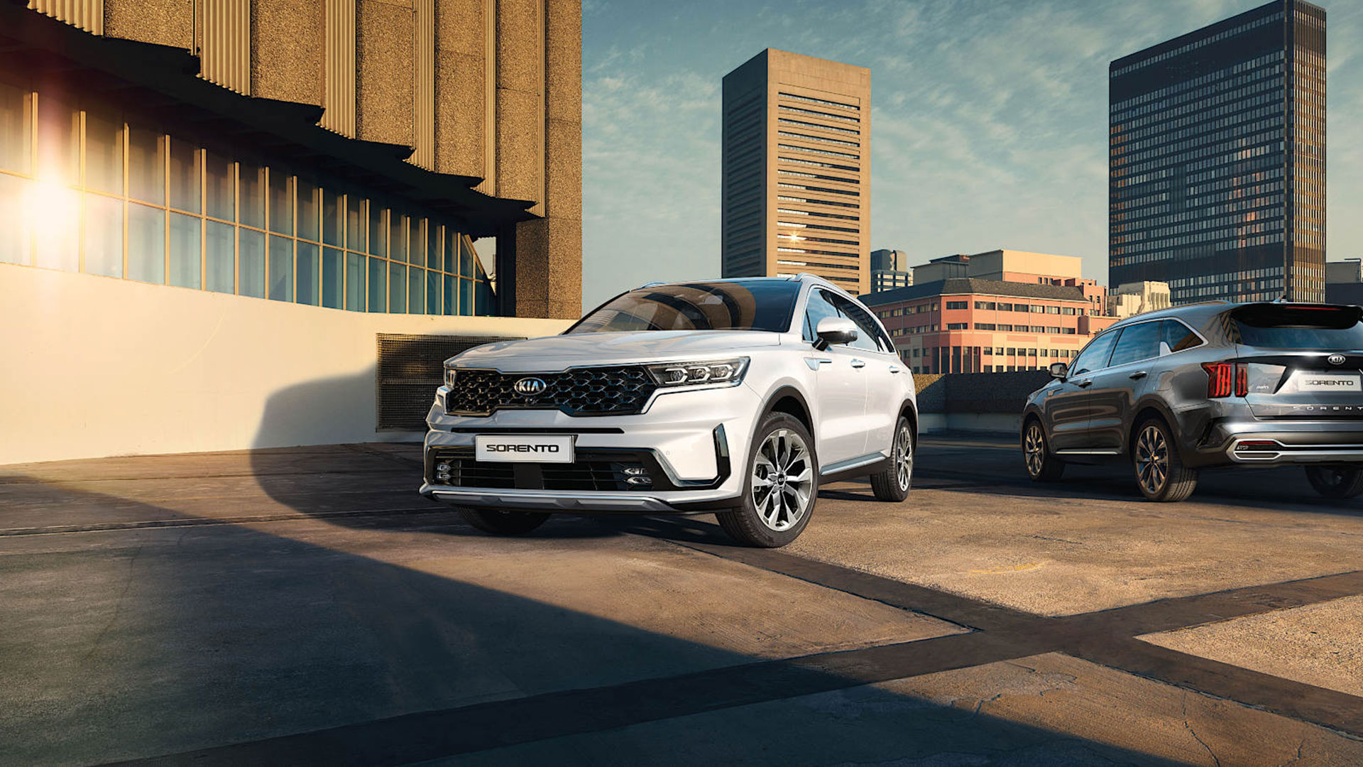 고층 빌딩 앞 주차되어 있는 두 대의 기아 쏘렌토 모습