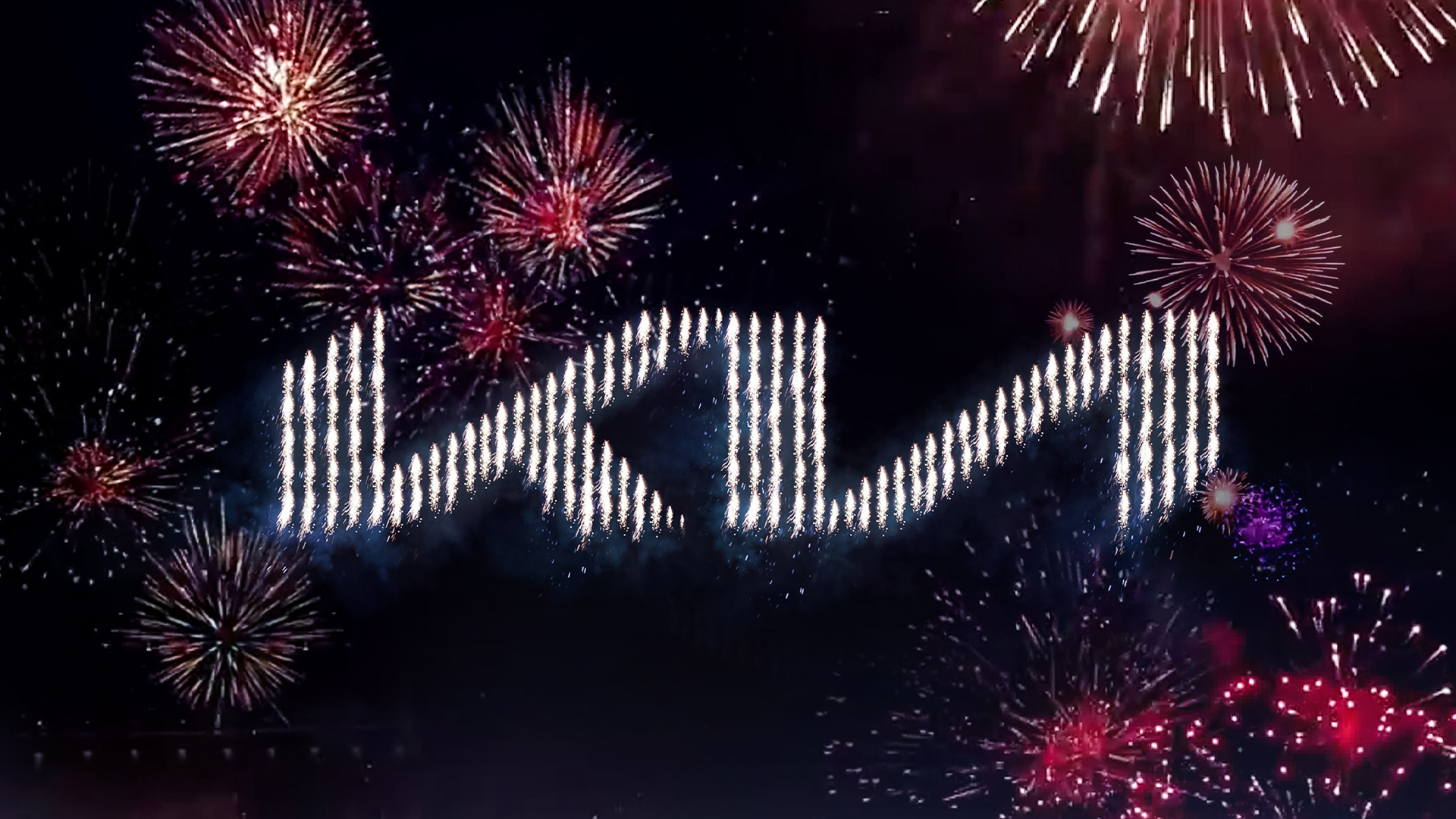 303 pyrodones display Kia new logo with colorful fireworks