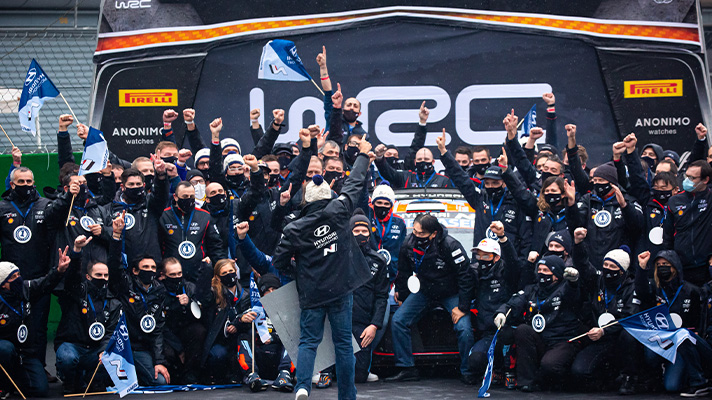 Hyundai motorsports team crews celebrating 2020 WRC manufacturer champion