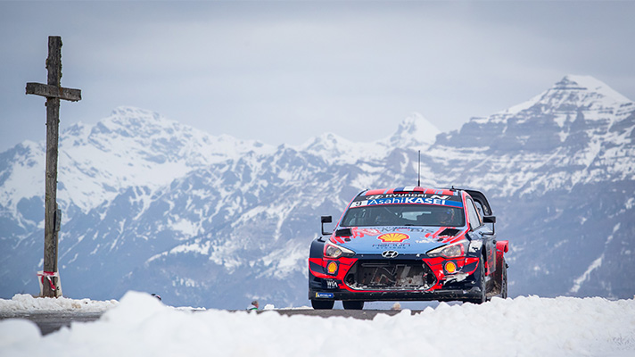 Hyundai Motorsports team racing car driving on snowy course