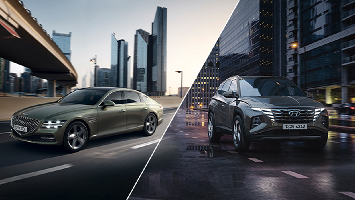 도로를 주행 중인 수소전기 엑시언트 트럭