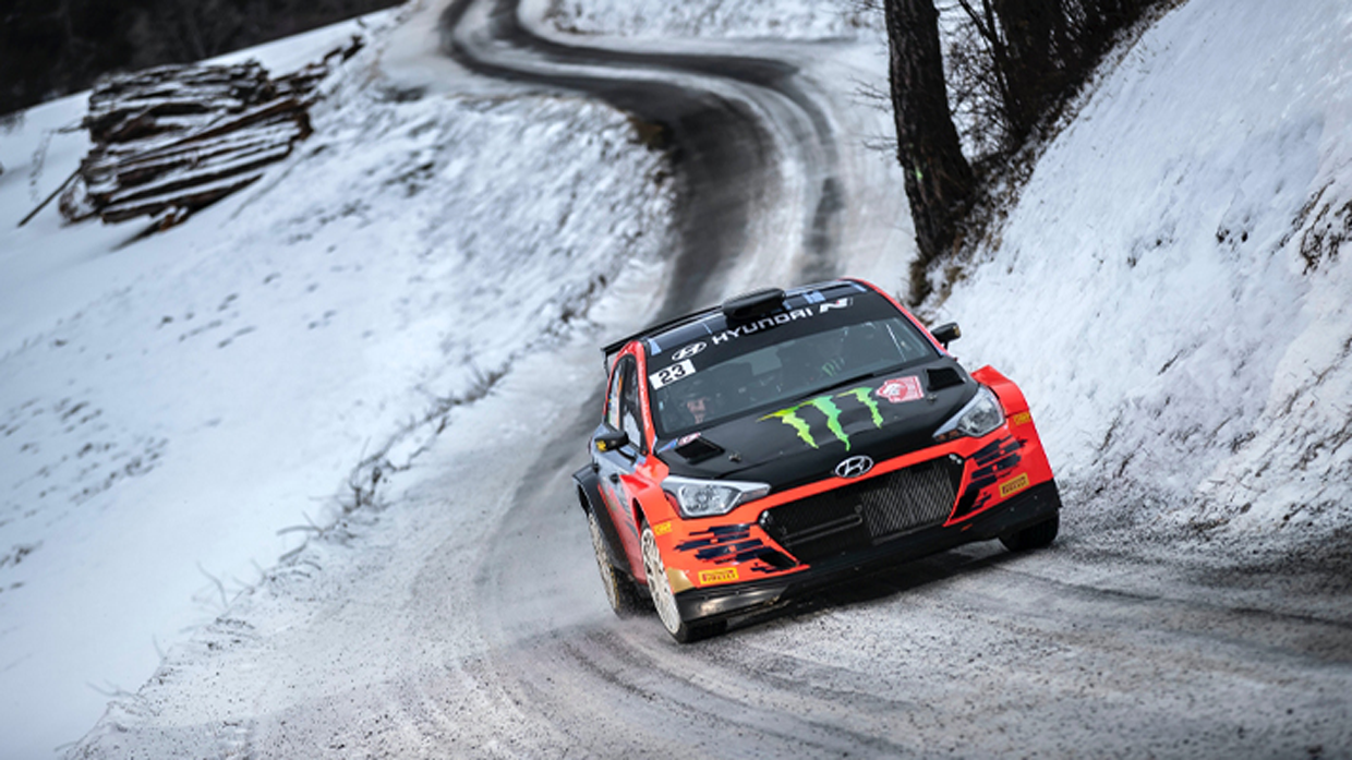 Oliver Solberg racing on snowy road WRC