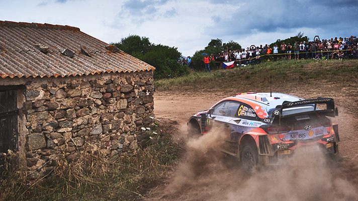 Rear side view of Hyundai i20 WRC racing car