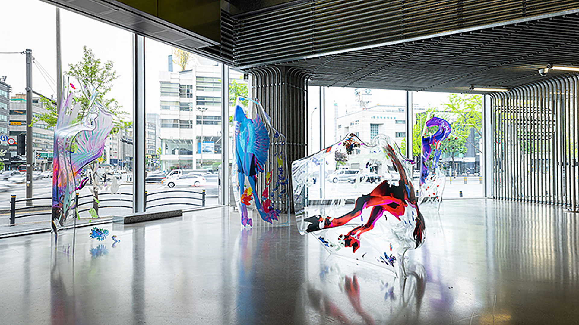 Inside view of Hyundai Motorstudio with sculptures on display