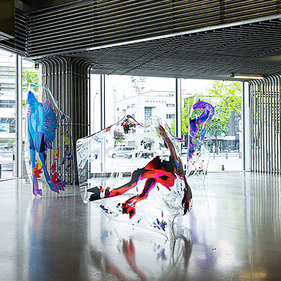 Inside view of Hyundai Motorstudio with sculptures on display