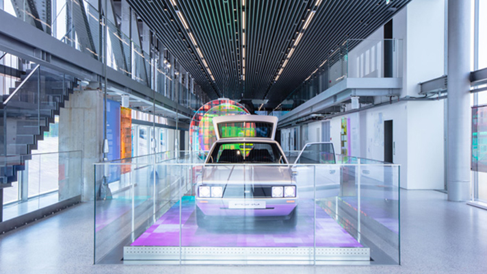 Inside view of Hyundai Motorstudio surrounding the car with a transparent wall