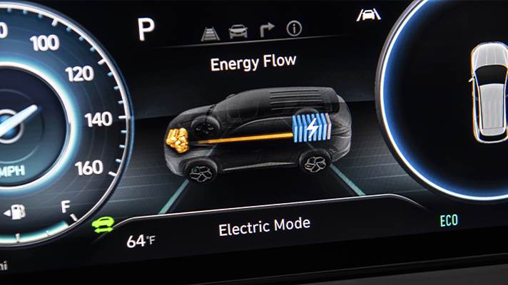 Dashboard of Tucson PHEV model with electric motor driving