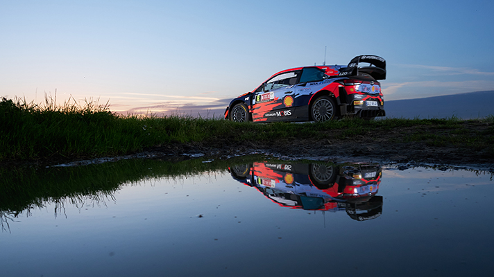 Rear side view of Hyundai i20 WRC racing car