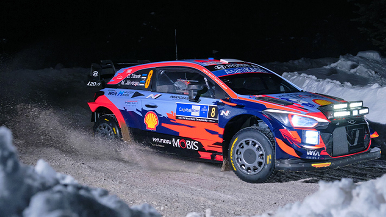Ott Tanak racing snowy roads WRC Hyundai Motorsports