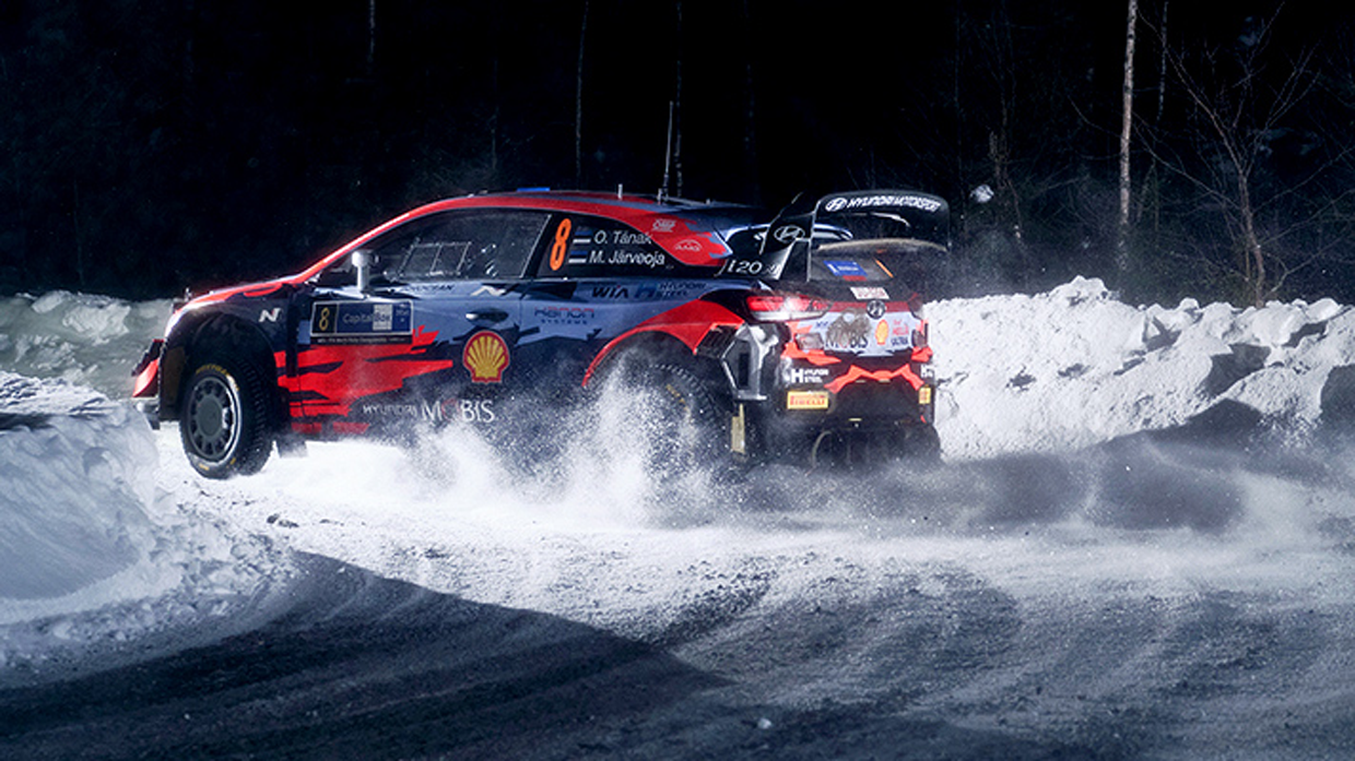 Ott Tanak racing snowy roads cornering WRC Hyundai Motorsports