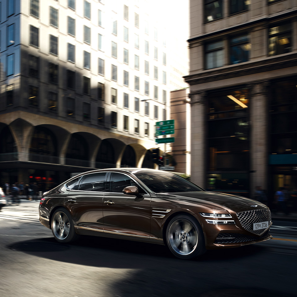 여러 모델의 제네시스가 정면으로 나란히 서 있는 모습