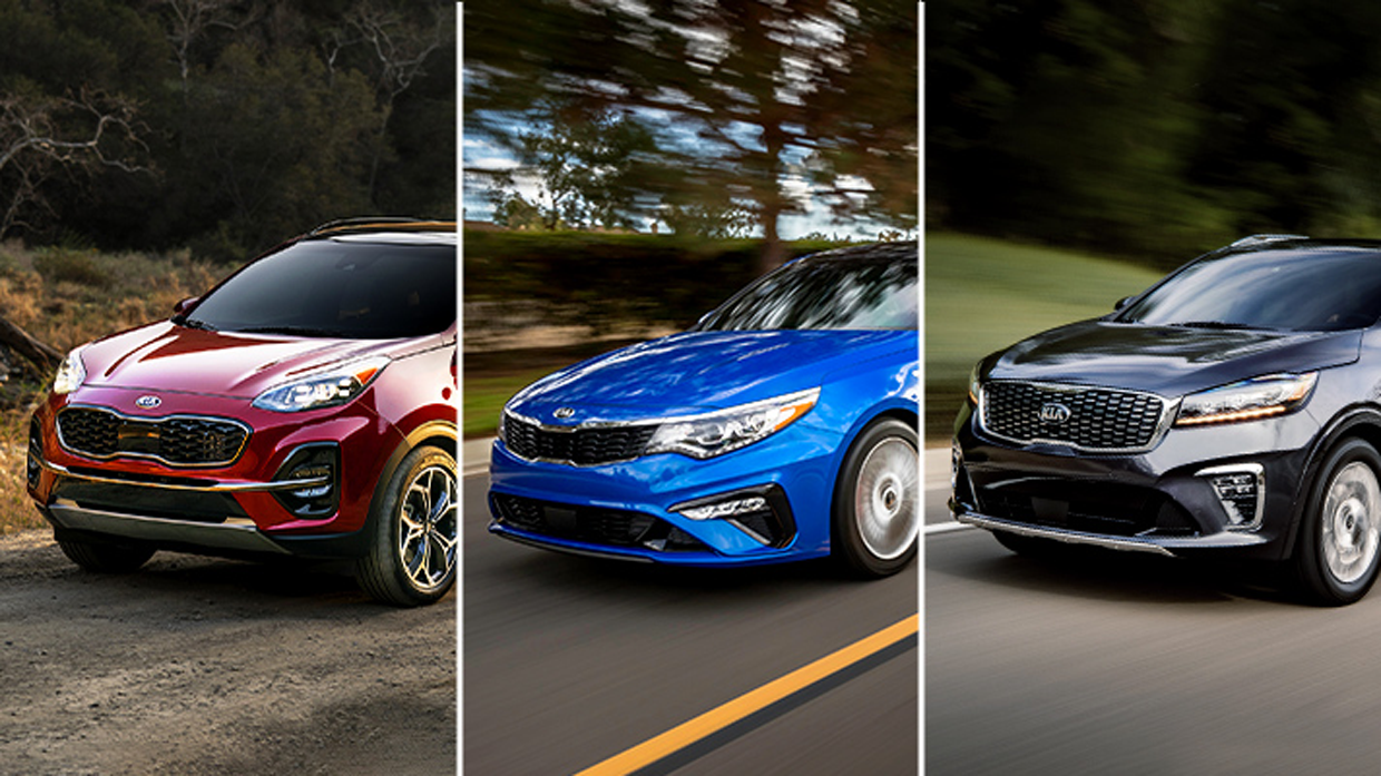 스포티지, K5, 쏘렌토 순으로 나열된 차량의 정면 모습