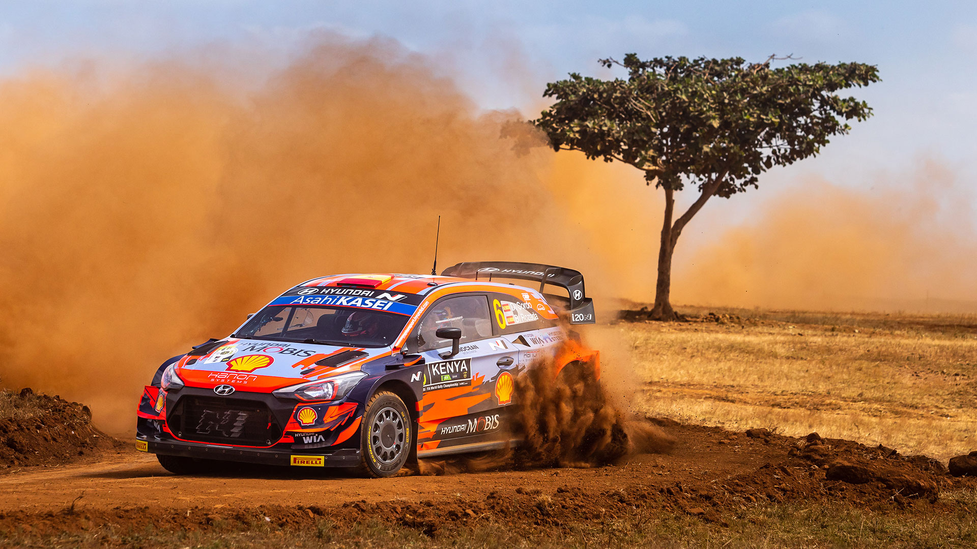 Hyundai i20 WRC racing car running safari rally