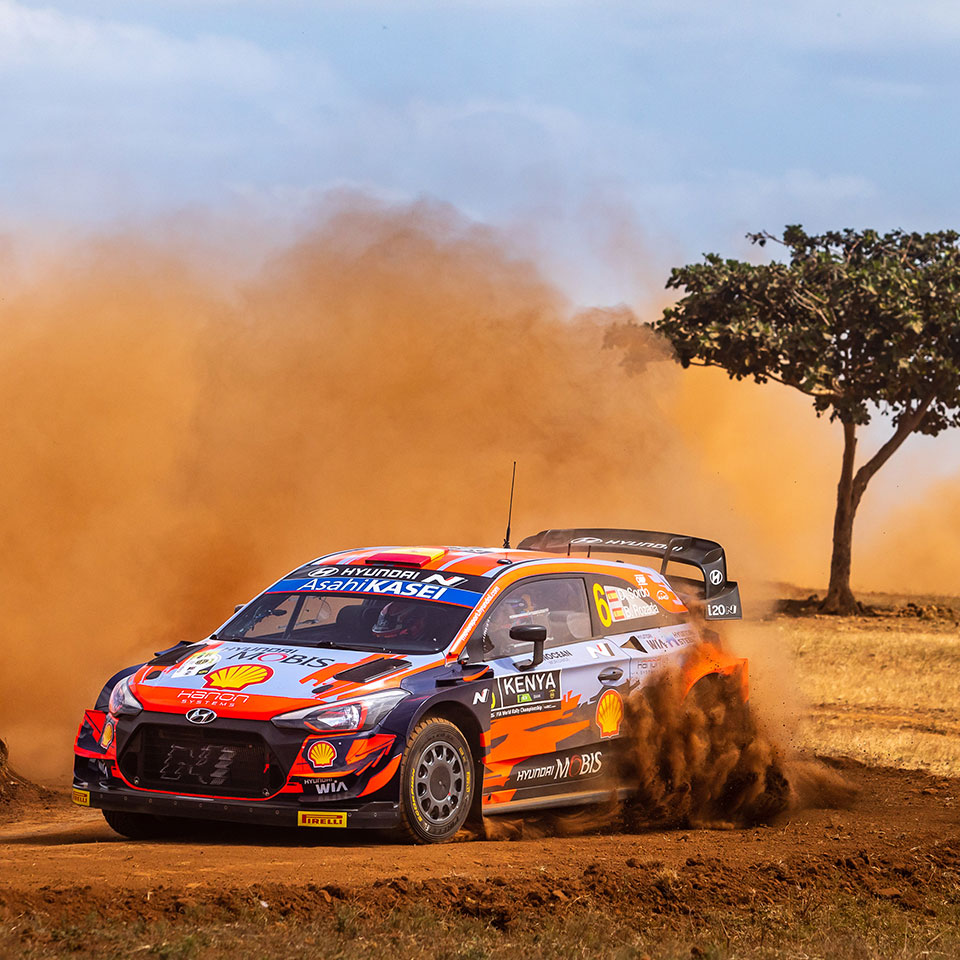 Hyundai i20 WRC racing car running safari rally