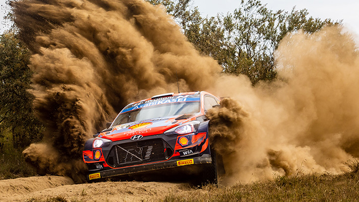 Hyundai i20 WRC racing car that runs off-road.