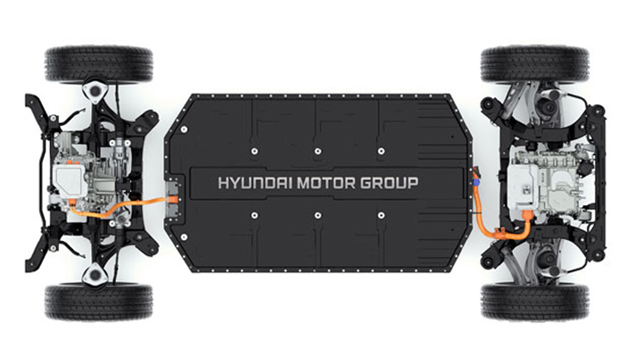 Showing front and rear wheels and the floor of the Hyundai IONIQ 5