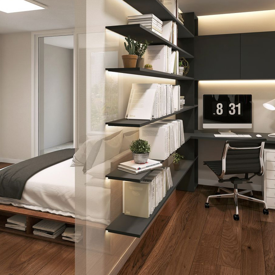 Image of a master bedroom divided into a bedroom and a study room