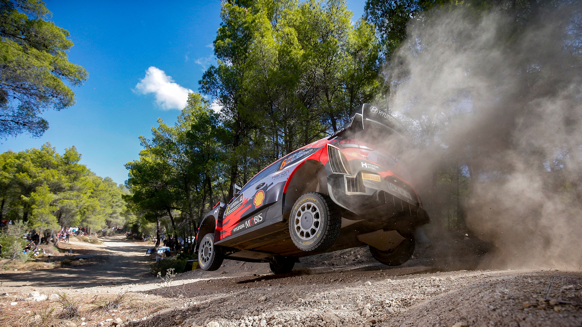 Rear side of WRC running on dirt road