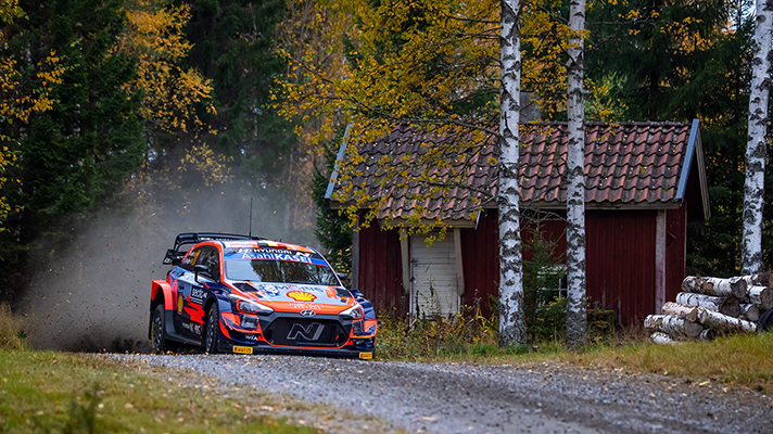 WRC rally car passing by the cabin