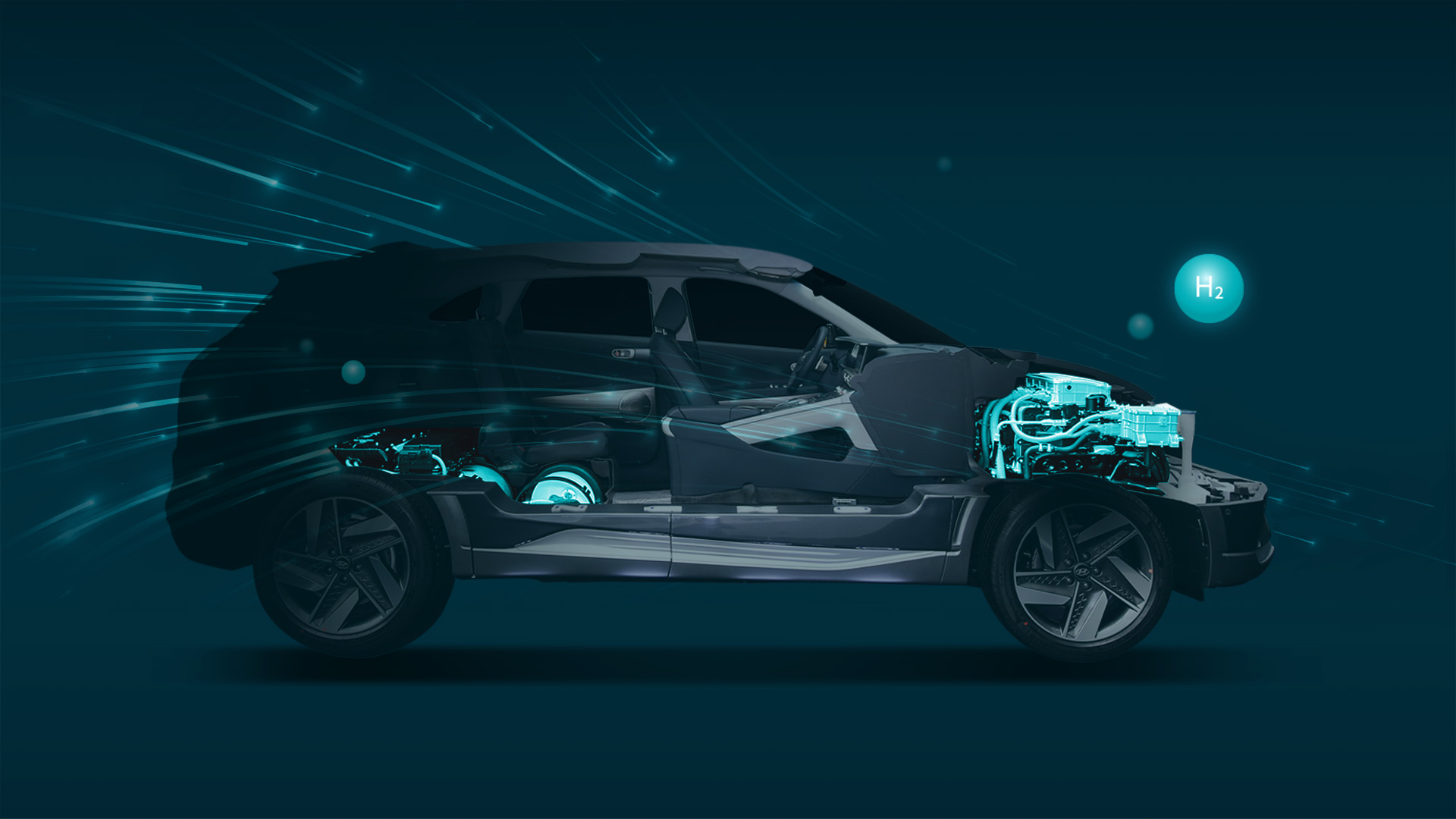 Illustration of hydrogen energy running on vehicle structure