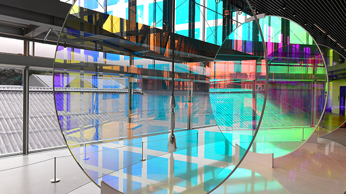 여러 개의 투명판에 빛이 반사되고 있는 모습