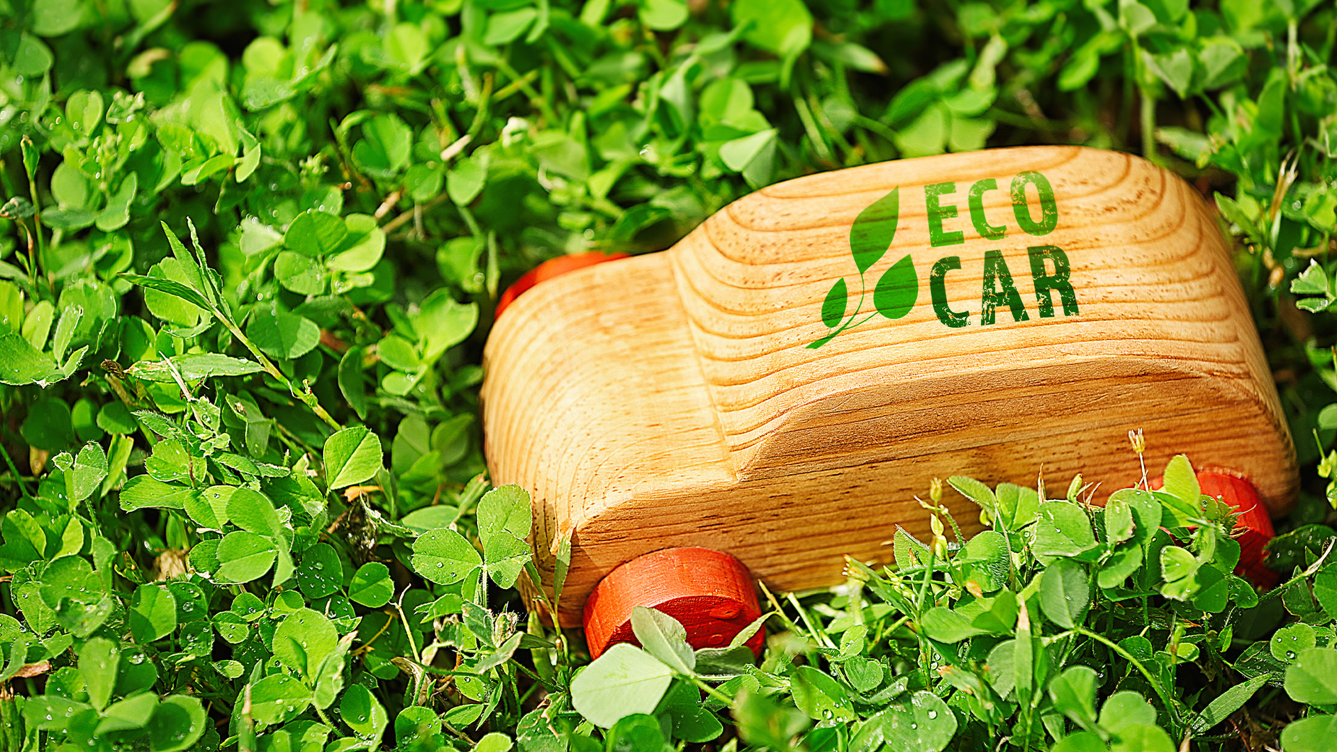 잔디밭 위에 놓인 목각 자동차 모습