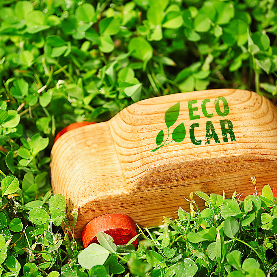 잔디밭 위에 놓인 목각 자동차 모습