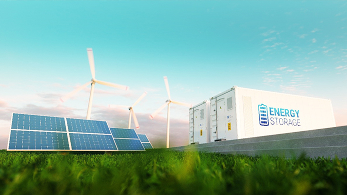 풍력발전, 태양열 집열판 그리고 에너지 저장고 모습