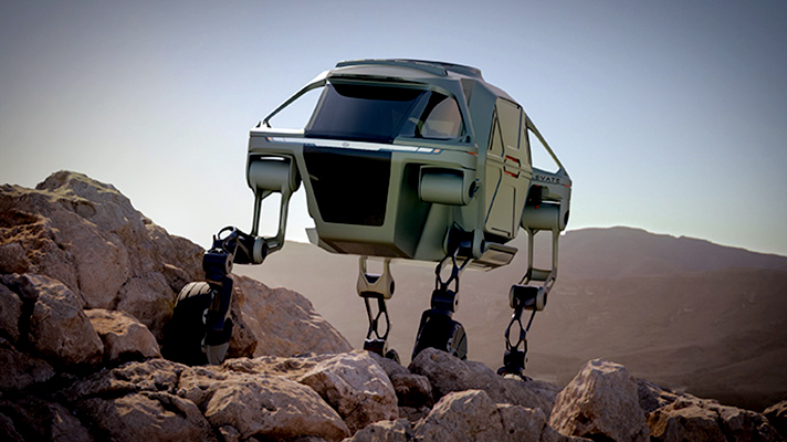 Hyundai concept vehicle Elevate walking on rough rocky way with 4 legs