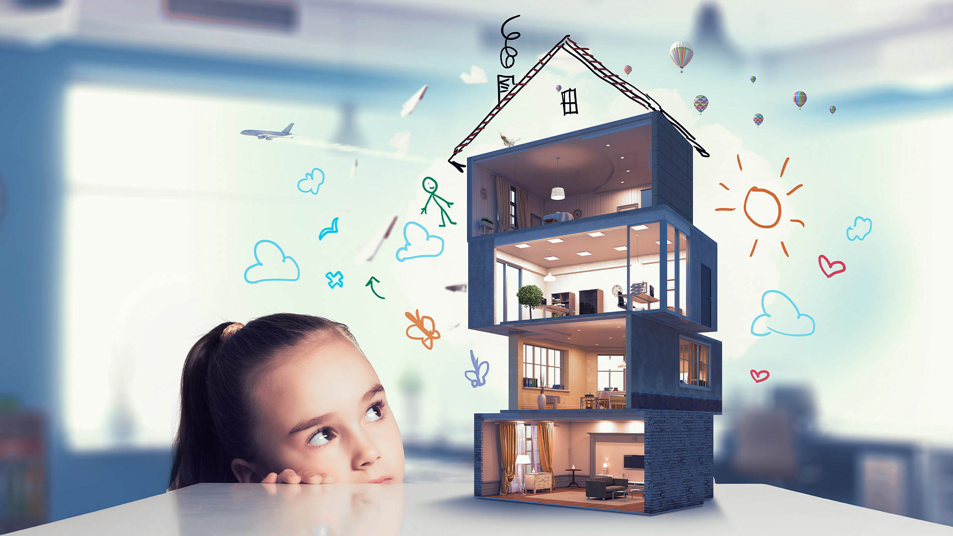 Person looking at 3D graphical cross-section of residential space placed on table